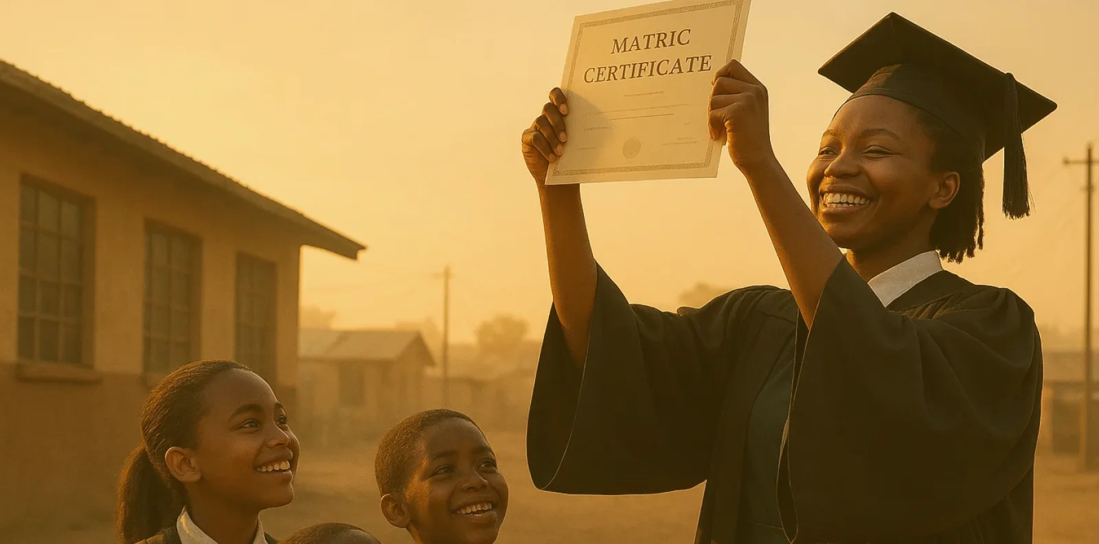 A smiling graduate holding up a matric certificate