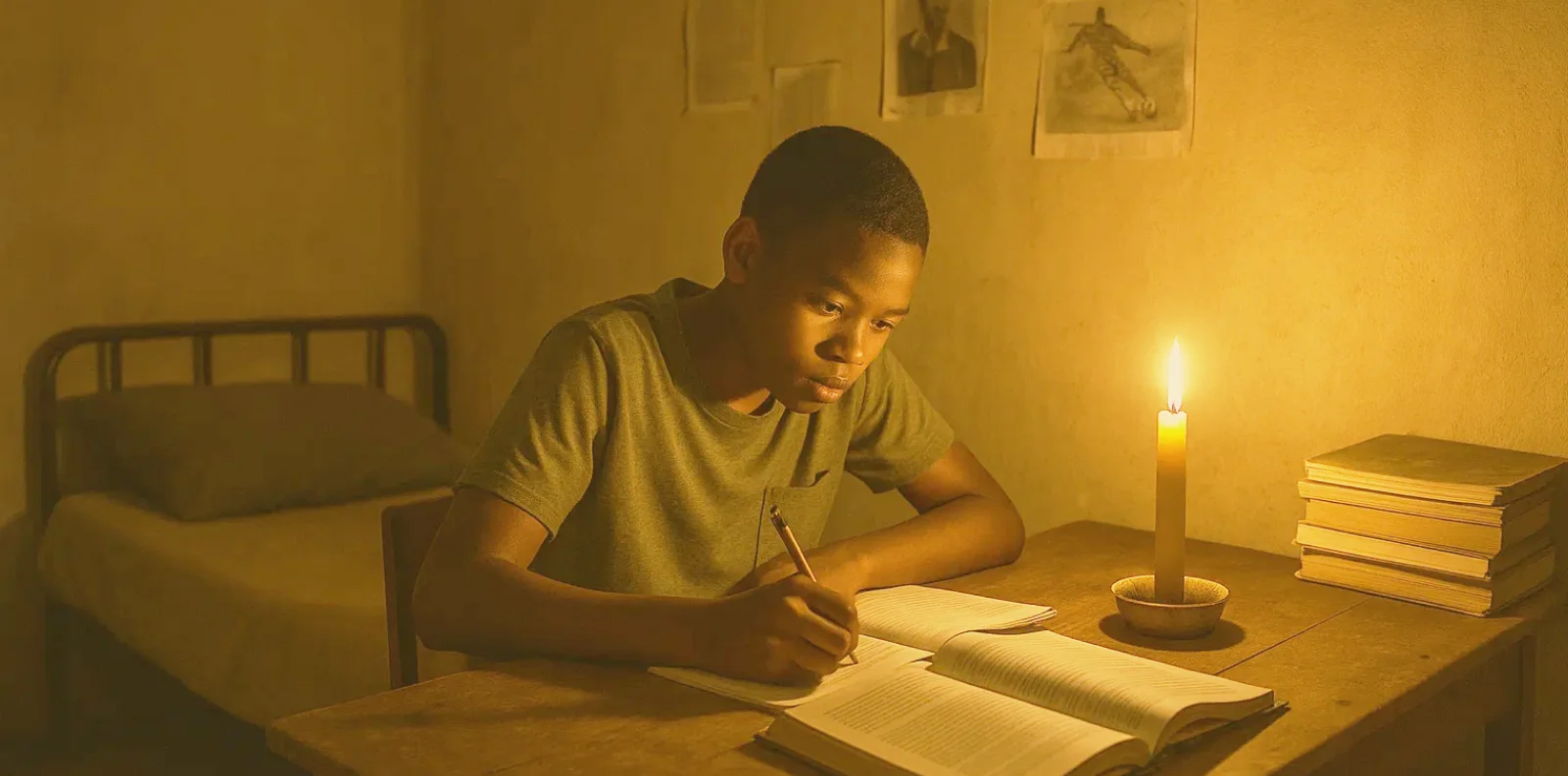 A learner writing in a notebook by candlelight